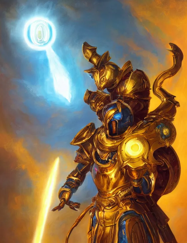 Prompt: full body, attack position Delphin Enjolras painting in lush fantasy environment of a ornate holy mechanical warforged with circular glowing eye, character in yellow armor holding a legendary paladin engraved holy great longsword and carrying a huge heavy paladin shield, vertically flat head, face in focus, epic , trending on ArtStation, masterpiece, cinematic lighting