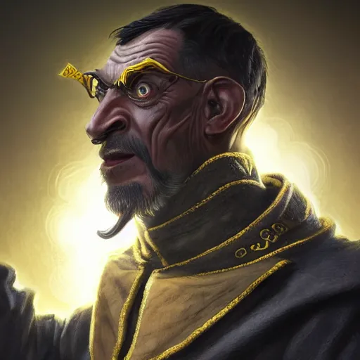 Prompt: a highly detailed matte portrait of a mister bean as a warlock, d & d, fantasy, viewed in profile from far away, crackling black lightning, ultrawide lens, art by artgerm and greg rutkowski and alphonse mucha, volumetric lighting, octane render, 4 k resolution, trending on artstation, masterpiece