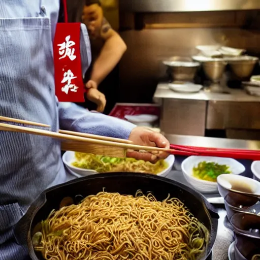 Image similar to Inside a traditional Chinese restaurant, with the chef preparing lots of yakisoba in a giant pot