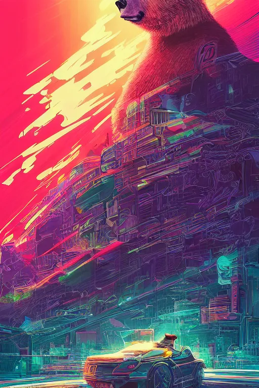 Image similar to a portrait of a bear with thunders in the sky in a future cybernetic city, outrun style and colours, trending on arstation, by dan mumford, by ross tran