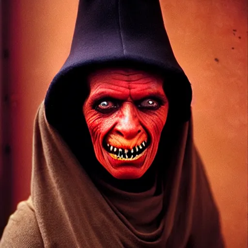 Image similar to uhd photorealisitc candid photo of satan. correct costume. correct face, accurate face. photo by annie leibowitz and steve mccurry