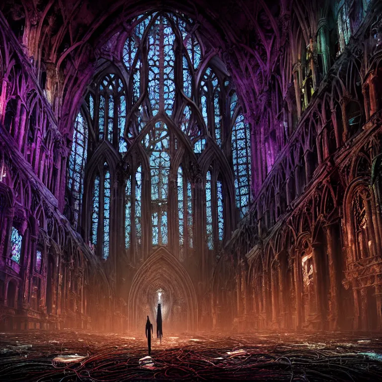 Prompt: ribbed abandoned gothic cathedral exterior on exoplanet, covered with tentacles, roots, wires, tubes, colorful neon lights, cyberpunk, baroque painting, standing in a desolate empty wasteland, creepy, nightmare, dream-like heavy atmosphere, surreal abandoned buildings, beautiful detailed intricate insanely detailed octane render trending on Artstation, 8K artistic photography, photorealistic, volumetric cinematic light, chiaroscuro, Raphael, Caravaggio, Beksinski, Giger