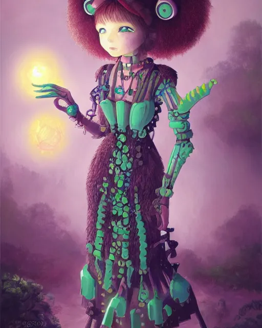 Prompt: scifi pricess of the cloud forest, wearing a lovely dress decorated with toothwheels and cogs. this oil painting by the award - winning mangaka has an interesting color scheme and impeccable lighting.