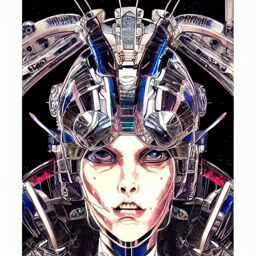 Image similar to portrait of mad alien mech queen, symmetrical, by juan gimenez, yoichi hatakenaka, masamune shirow, josan gonzales and dan mumford, ayami kojima, takato yamamoto, barclay shaw, karol bak, yukito kishiro drawing, illustration, clear line