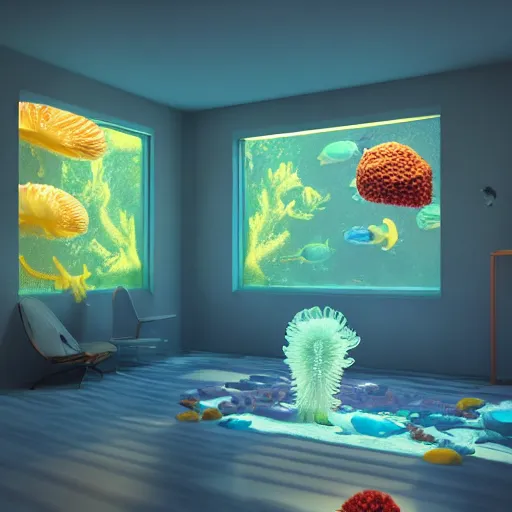 Prompt: the realistic photo of the modern room as aquarium with a big jellyfish and corals, realistic colors, realistic shadows, daylight made in blender, hd, 3 d by beeple and damian hirst