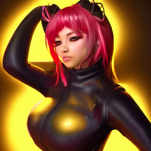 Image similar to painting of high detail girl a wearing skintight leather jacket, cat ears, fantasy art, dynamic lighting, artstation, poster, volumetric lighting, 4 k, award winning