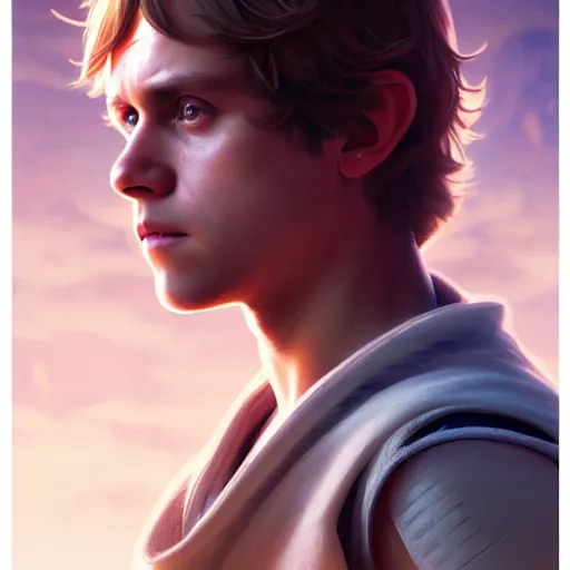 Image similar to a portrait of young luke skywalker cinematic lighting, photorealistic, octane render, 8 k, depth of field, 3 d, art by artgerm and greg rutkowski and alphonse mucha and uang guangjian and gil elvgren and sachin ten