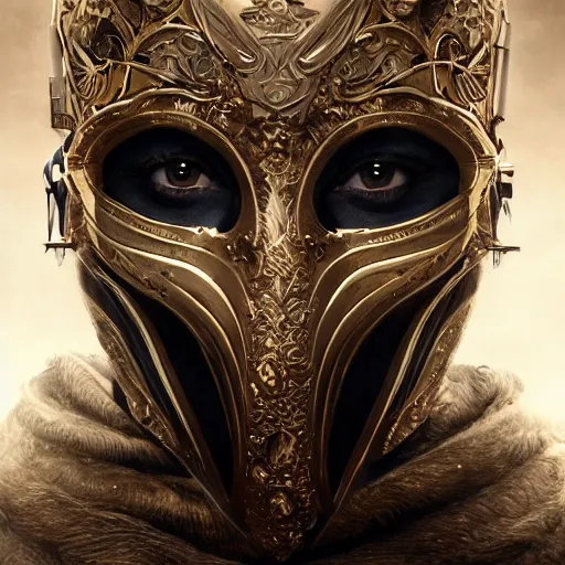 Prompt: Very very very very highly detailed epic photo of full face with beautiful ornamental venetian mask, intricate, dystopian, sci-fi, extremely detailed, digital painting, artstation, concept art, smooth, sharp focus, illustration, intimidating lighting, incredible art by Artgerm and Vincent di Fate and Anton Pieck