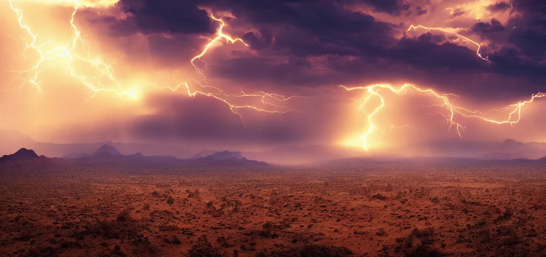 Image similar to a beautiful picture of a desert, intricate detail, god rays, an extremely close lightning strike, sunset, serene, volumetric lighting, volumetric clouds, 8 k, hyperrealistic, digital art trending on artstation