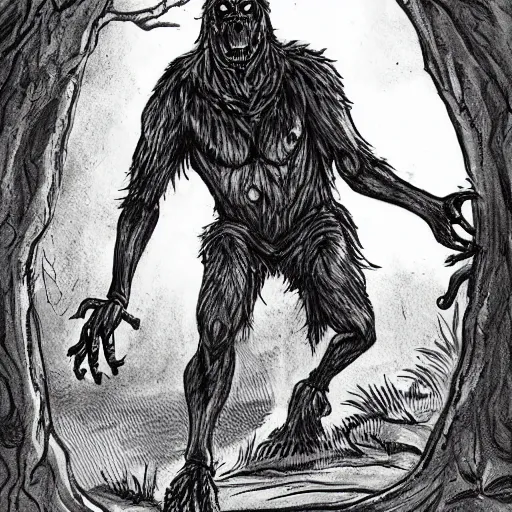 Image similar to a chained man slowly turning into a werewolf at a dusky forest, in the elden ring style