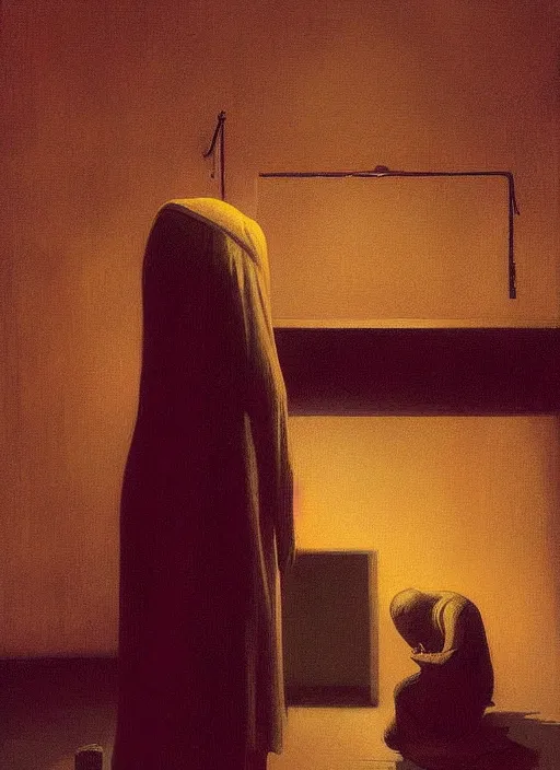 Prompt: woman praying to a goat on rainy night by Edward Hopper and James Gilleard, Zdzislaw Beksinski highly detailed