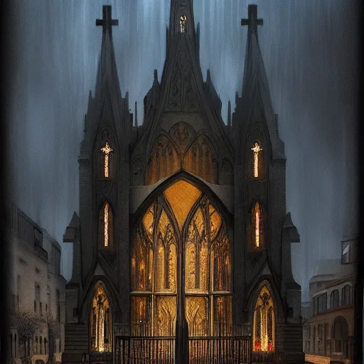 Image similar to victorian church in the middle of the city, dark, misty, at night, 8 k, detailed, concept art, trending on artstation