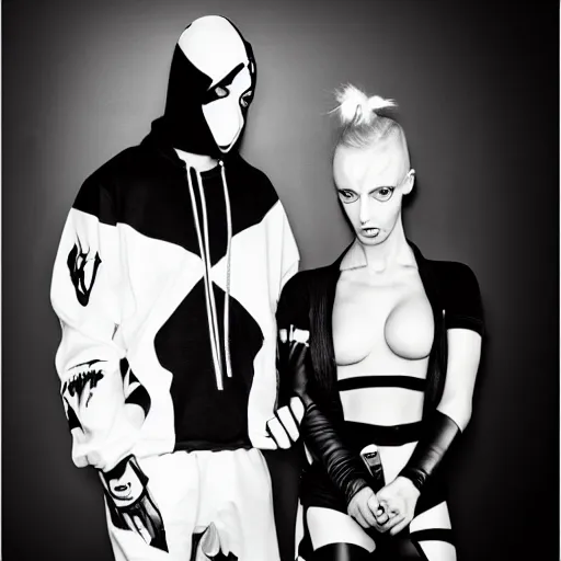 Image similar to zeff black and white photoshoot die antwoord ninja