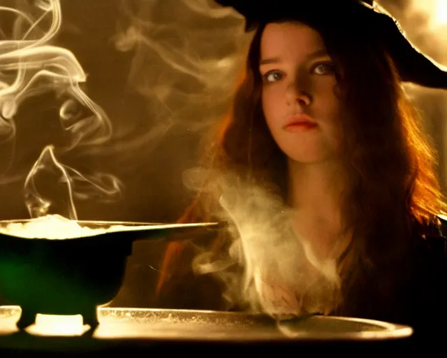 Image similar to close up portrait, dramatic lighting, concentration, calm confident teen witch and her cat mixing a spell in a cauldron, a little smoke fills the air, a witch hat and cape, a little green smoke is coming out of the cauldron, ingredients on the table, apothecary shelves in the background, still from disney show