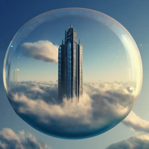 Prompt: miniature skyscraper inside a bubble, floating on clouds, realistic 3 d render, unreal engine, ecofuturism, solarpunk, maya, 8 k, smooth, sharp focus, octane, twilight