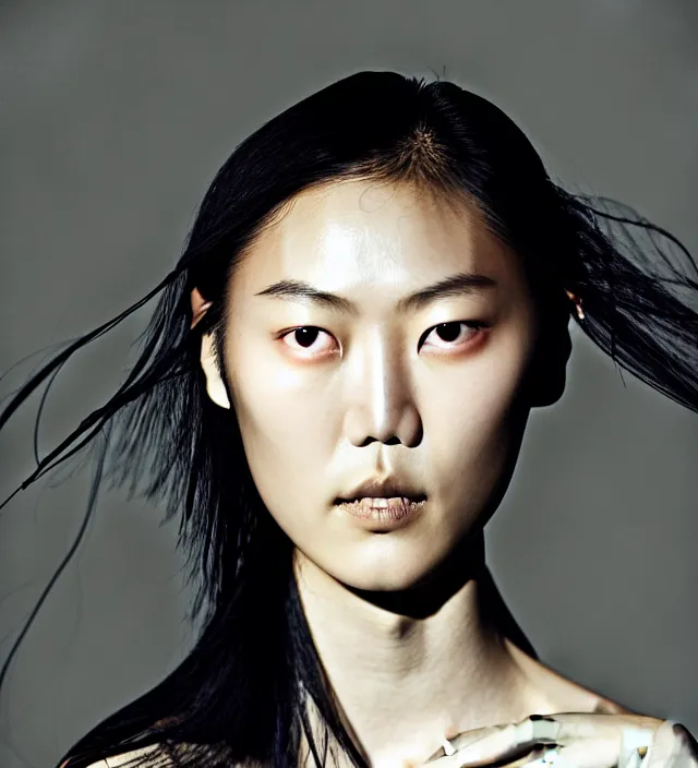 Image similar to photography facial portrait of liu wen, natural background, sensual lighting, natural fragile pose, wearing stunning cape by iris van herpen, with a colorfull makeup. highly detailed, skin grain detail, photography by paolo roversi, nick knight, helmut newton, avedon, araki