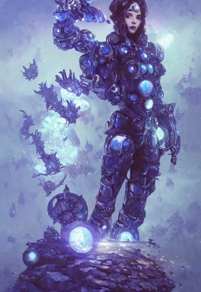 Image similar to full body picture of a blue mech armor witch, standing on a floating greed cubes with monster companions, model pose, very brightening eyes, huge magic circles on the hand, magic and fantasy, extremely beautiful and aesthetic and detailed cute face, specular reflection, occlusion shadow, intricate, masterpiece, by ilya kuvshinov and jeremy lipking and quentin mabille