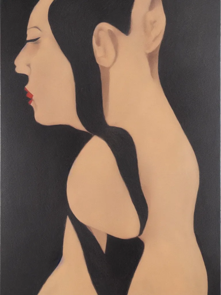 Image similar to portrait profile of one mysterious dark beautiful women in 1 9 7 8, femme fatale, oil painting by rene gruau