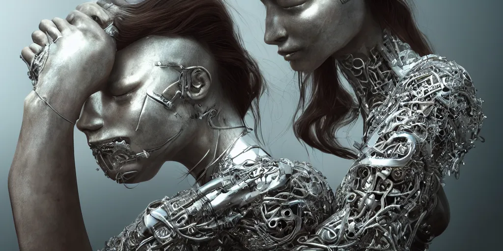 Prompt: hyperrealistic photography of a stunningly cyborg female, intimate, holding hands, kissing, chrome. in the style of beth cavener, jin kagetsu,, and wlop, highly detailed, intricate filigree, chrome face symmetry, masterpiece, award - winning, sharp focus, concept art, high key, ambient lighting, 8 k, octane render, artstation
