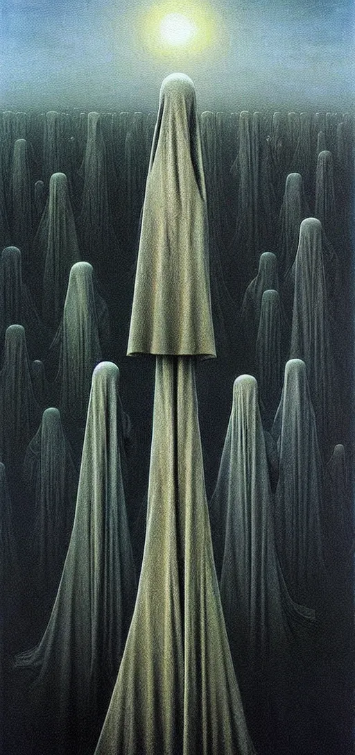 Image similar to dystopian surreal painting aliens in shrouds praying to a single eerie head statue surrounded by uneven buildings, artstyle by zdzisław beksinski