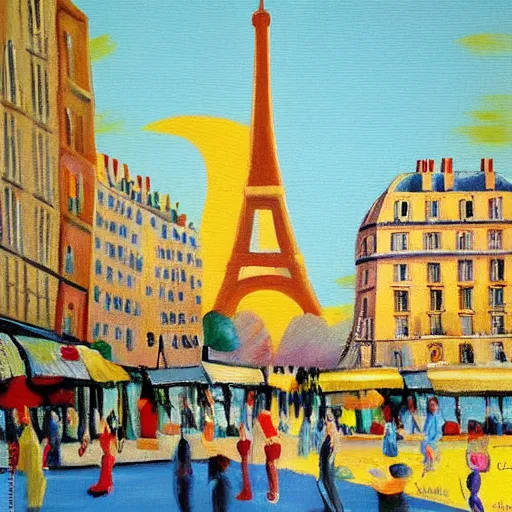 Image similar to A sunny day in modern Paris, colorful painting by Charles Blondin