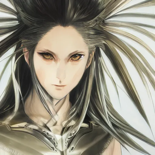 Image similar to Oil portrait with broad brush strokes of an anime girl with long white hair wearing Elden Ring armour with engraving in the style of Yoji Shinkawa, expressive brush strokes, hairs fluttering on the wing, noisy film grain effect, highly detailed, Renaissance oil painting, weird portrait angle, blurred lost edges, three quarter view