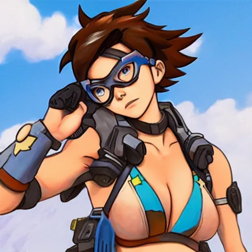 Image similar to overwatch tracer in a bikini, artwork by studio ghibli