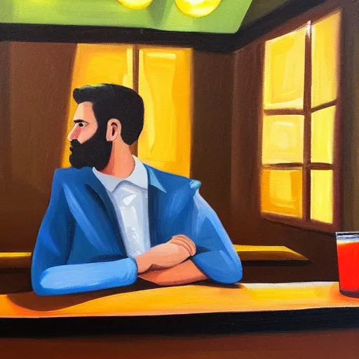 Image similar to a man sitting in a bar about to make a fundamental decision for his life, he is uncertain, but he knows he would rather have remorse than regret, acrylic painting