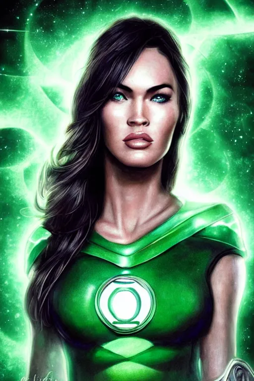 Image similar to Majestic and regal portrait of Megan Fox female Green Lantern, DC universe, Perfect face, beautiful, intricate, epic, elegant, menacing, fantasy, highly detailed, digital painting, hard focus, beautiful volumetric lighting, epic light, ultra detailed, by Leesha Hannigan, Ross Tran, Thierry Doizon, Kai Carpenter, Ignacio Fernández Ríos