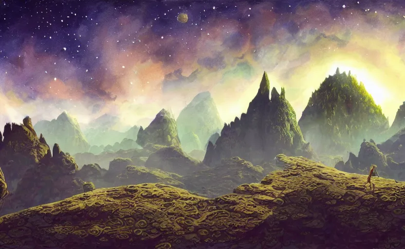 Image similar to mountains, stars and paisley filled sky, artstation, intricate, highly detailed, digital painting, concept art, sharp focus, illustration by Roger Dean and Yoshitaka Amano