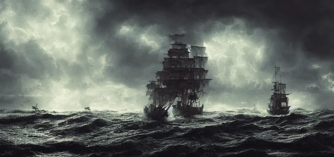 Image similar to wild ocean storm at night, old wooden pirate ship battle, appearing from fog, mist, dramatic lighting, cinematic, establishing shot, extremly high detail, foto realistic, pirates of the carribean, cinematic lighting, post processed, concept art, artstation, matte painting, style by eddie mendoza, raphael lacoste, alex ross