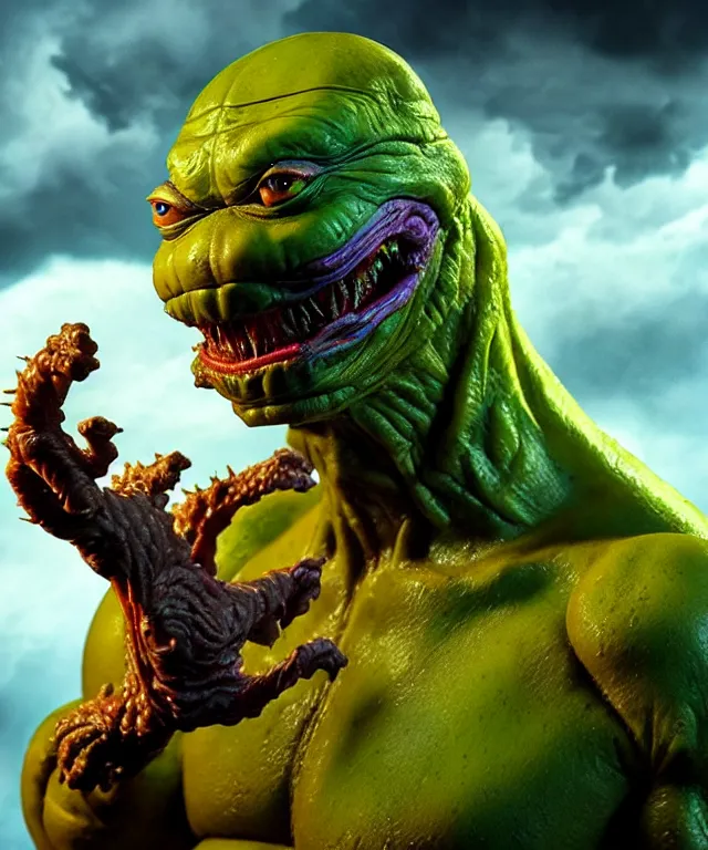 Image similar to hyperrealistic rendering, epic boss battle, cronenberg flesh monster tmnt, by art of skinner and richard corben, product photography, collectible action figure, sofubi, hottoys, storm clouds, outside, lightning