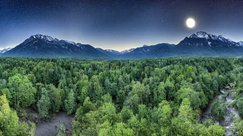 Prompt: Panoramic photo where the mountains are towering over the valley below their peaks shrouded in mist. The moon is just peeking over the horizon and the sky dark purple. The sky is blanketed with shiny stars. The river is winding its way through the valley and the trees are a vivid green