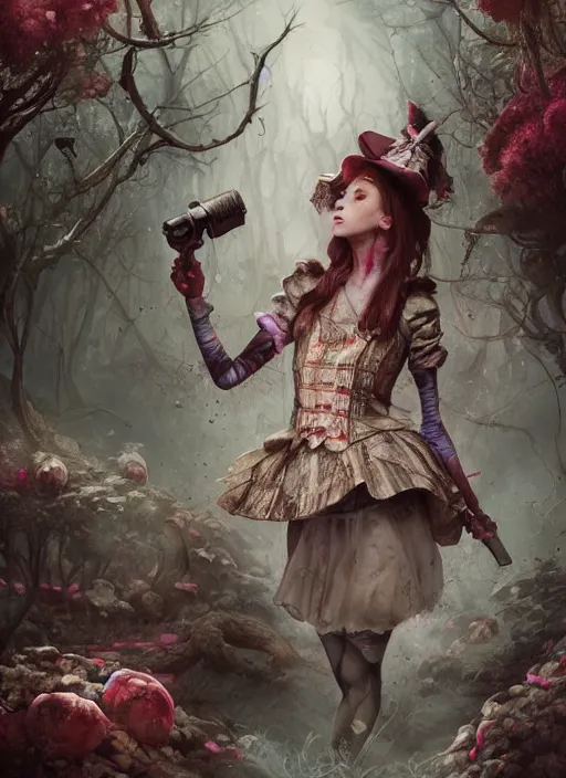 Image similar to Alice in Wonderland,guns,highly detailed,cinematic,8k,by Stanley Artgermm,Tom Bagshaw,Greg Rutkowski,Carne Griffiths, Ayami Kojima, Beksinski, Giger,trending on DeviantArt,hyper detailed,horror, full of colour