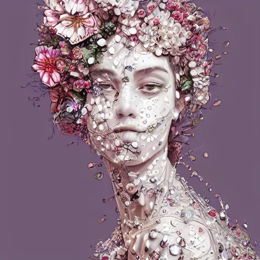 Image similar to the portrait of an absurdly beautiful, graceful, elegant, sophisticated, fashionable young woman made of strawberries and white petals with tears, an ultrafine hyperdetailed illustration by kim jung gi, irakli nadar, intricate linework, bright colors, octopath traveler, final fantasy, unreal engine 5 highly rendered, global illumination, radiant light, detailed and intricate environment