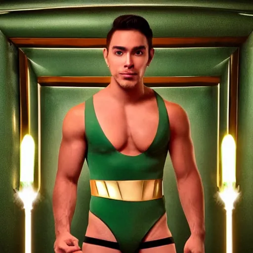 Image similar to handsome Green Ranger dating profile pic, Tommy, Power Rangers, Grindr, instagram, influencer, thirst pic, soft filter, candlelight, boudoir photography,