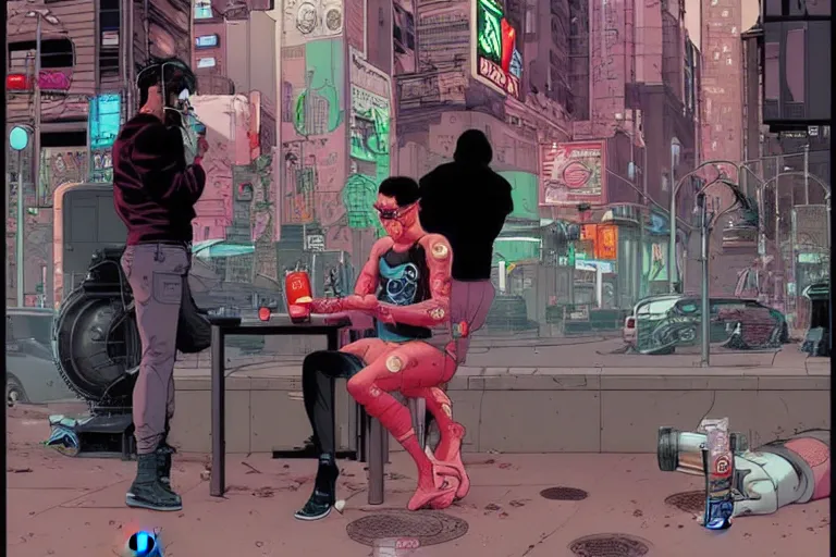 Image similar to cyborg drinking Coke at a dirty crouded streetcorner, cyberpunk, by Josan Gonzalez and Tomer Hanuka and Moebius