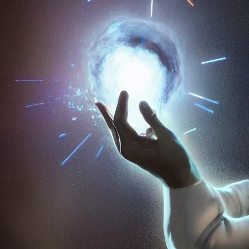 Prompt: hyperrealistic mixed media high resolution image of a single proportionally sized human hand reaching outward, particle teleportation that resembles complex potential flow around a doublet, translation to Ort Cloud in space, stunning 3d render inspired art by unreal engine and Greg Rutkowski, perfect symmetry, dim volumetric lighting, 8k octane beautifully detailed render, post-processing, extremely hyper-detailed, intricate, epic composition, highly detailed attributes, highly detailed atmosphere, cinematic lighting, masterpiece, trending on artstation, very very detailed, masterpiece, stunning, flawless lifelike epidermis,
