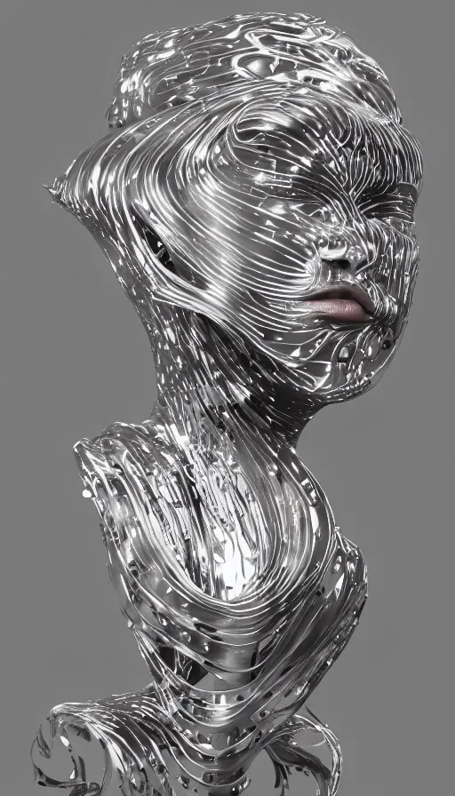 Image similar to a set of metal fire sculptures on woman face, a computer rendering by zaha hadid, polycount, kinetic art, made of liquid metal, airbrush art, hard surface modeling