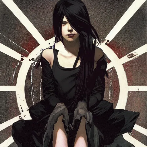 Image similar to a lonely young girl with straight long black hair wearing black dress that sitting on bathroom floor, art by artgem, greg rutkowski and alphonse mucha for capcom co, resident evil