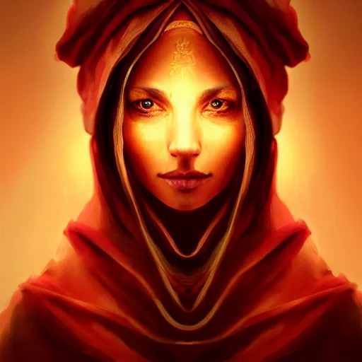 Image similar to ( a priestess with a hood that covers half her face carries an incense burner that emits a pleasantly colored flame. ) by anato finnstark, photorealistic, full body portrait, dynamic lighting, beautiful, trending on artstation, wallpaper, 4 k, award winning, digital art, very detailed faces