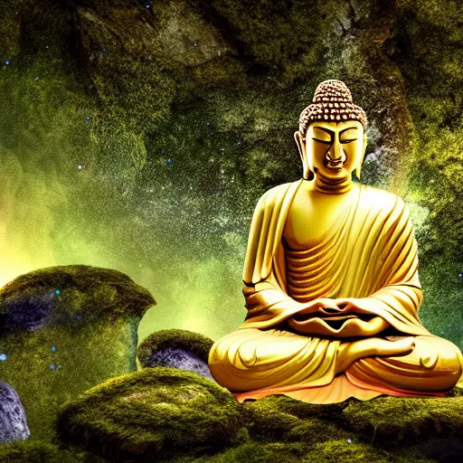 Image similar to a dreamy buddha meditating in a cave and overlooking a vast plain, mossy rocks, a sky full of stars background, 4 k, hyper realistic, in he style of national geographic, coherent design, symmetrical, vivid colour, complementary colour, golden ratio, detailed, sharp lines, intricate, rainbow shift, in unreal 3 d engine, ray tracing, octane render