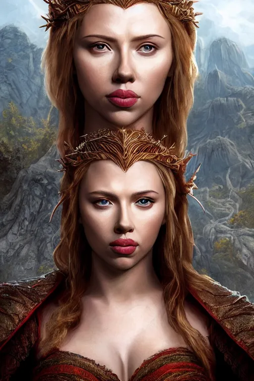 Prompt: Highly detailed headshot portrait of Scarlet Johansson as an Elven royalty from The lords of the rings, a fantasy matte painting in the background shallow focus