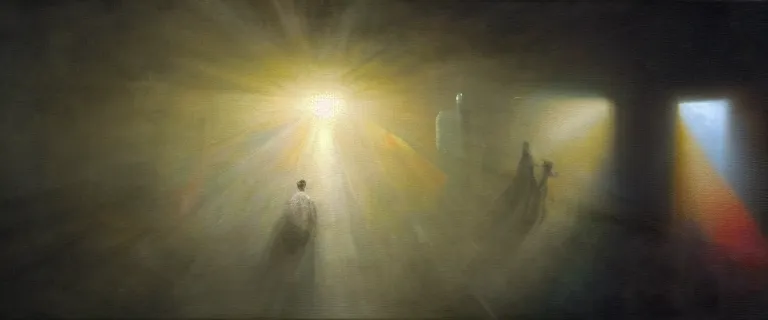 Prompt: black background. evil and badness attack christ from the left, but from christ's right emerges light and life. like a prism with light passing through it left to right. | painting by craig mullins
