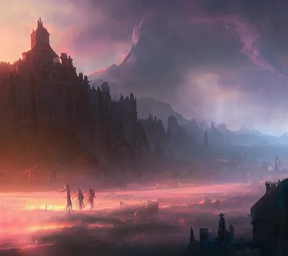 Prompt: matte painting of a small town with a demonic magical ethereal portal!!! ( in the style of noah bradley and raphael lacoste and ruan jia and marc simonetti )