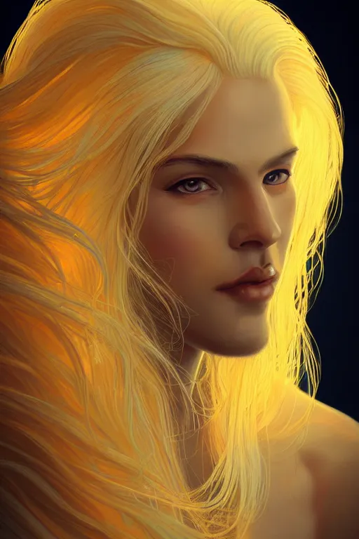 Image similar to Portrait of reistlin majere with long white hair, golden face, elegant, photorealistic, highly detailed, artstation, smooth, sharp focus, gold ornaments, neon lighting, sci-fi, art by Klimt