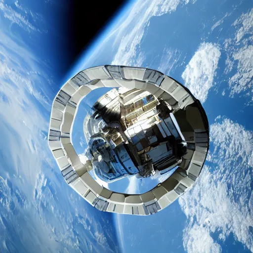 Prompt: photo of a space station in the shape of a ring with a portal in the center