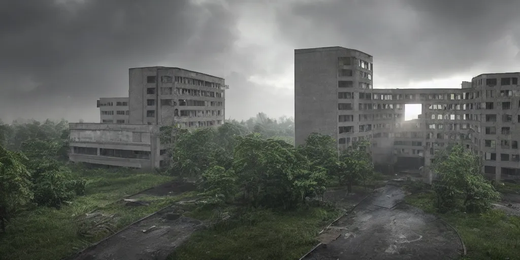 Image similar to brutalist architecture abandoned hospital, surrounded by lush green forest and murky ponds of water, stunning volumetric lighting, sundown, stunning skies, trending on Artstation, 8k, photorealistic, hyper detailed, unreal engine 5, IMAX quality, cinematic, epic lighting, cryengine, octane render, gloomy, foggy, dark