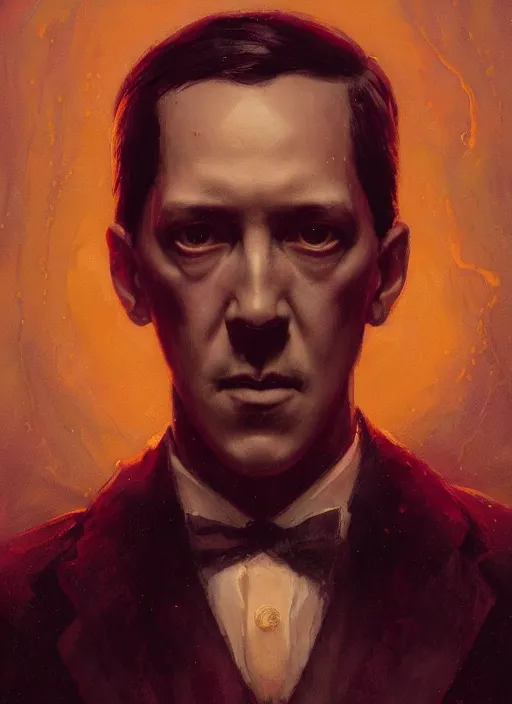 Image similar to highly detailed portrait of h p lovecraft by greg rutkowski, mike mignola, tom bagshaw artgerm and ross tran, beautiful dramatic dark moody lighting, cinematic atmosphere, glossy magazine painting, global illumination, deep color, 8 k resolution, high details, flickr, dslr, artstation