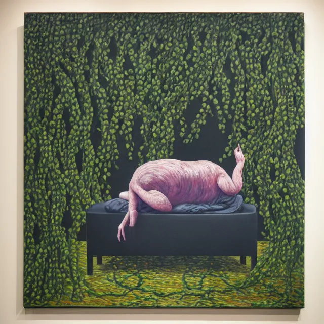 Image similar to a pathology student in her apartment, wrapped in vines, large stones, pig, black walls, ikebana, black armchair, puddles, moss, acrylic on canvas, surrealist, by magritte and monet